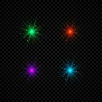 Light effect of lens flares. Set of four green, red, purple and blue glowing lights starburst effects with sparkles vector