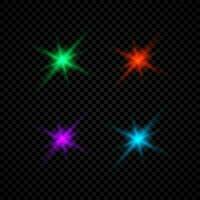 Light effect of lens flares. Set of four green, red, purple and blue glowing lights starburst effects with sparkles vector