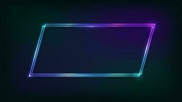 Neon double quadrangle frame with shining effects on dark background. Empty glowing techno backdrop. Vector illustration.