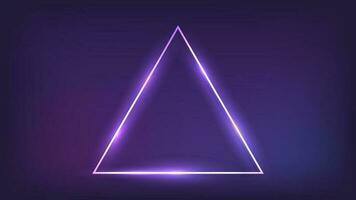 Neon triangle frame with shining effects on dark background. Empty glowing techno backdrop. Vector illustration.