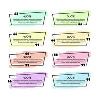 Set of eight black quote box frames with colour smears isolated on white background. Vector illustration