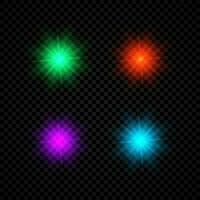 Light effect of lens flares. Set of four green, red, purple and blue glowing lights starburst effects with sparkles vector