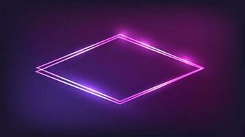 Neon double rhombus frame with shining effects on dark background. Empty glowing techno backdrop. Vector illustration.