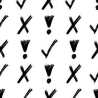 Seamless pattern with hand drawn check, cross and exclamation mark symbols. Black sketch cross symbol on white background. Vector illustration