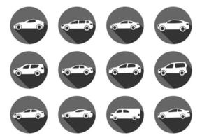 Set of twelve flat style cars in circles with shadow. Vector illustration