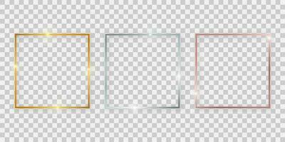 Square shiny frames with glowing effects. Set of three gold, silver and rose gold square frames with shadows vector