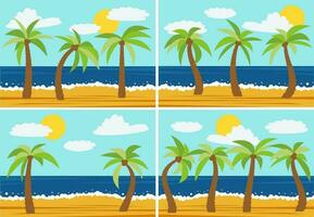 Set of four images with cartoon nature landscapes with palms in the summer beach. Vector illustration.