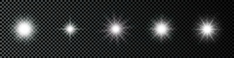 Light effect of lens flares. Set of five white glowing lights starburst effects with sparkles vector