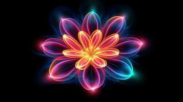 Multicolor neon light drawing, abstract shape flowers isolated on black background. Glowing line art. The Illumination of vibrant radiance of neon flower, Generative AI illustration photo
