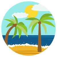 Natural cartoon landscape in circle. Vector illustration in the flat style with palm in the summer beach.