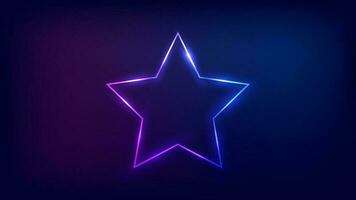 Neon frame in star form with shining effects on dark background. Empty glowing techno backdrop. Vector illustration.