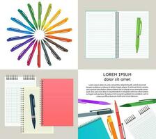 Set of four vector illustration with notebooks, pens and pencils.