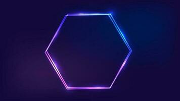 Neon double hexagon frame with shining effects on dark background. Empty glowing techno backdrop. Vector illustration.