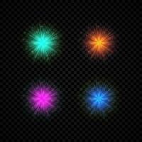 Light effect of lens flares. Set of four green, orange, purple and blue glowing lights starburst effects with sparkles vector