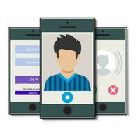 Set of three mobile phones. Mobile phone with video call, authorization and incoming call. Vector illustration