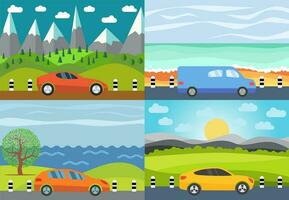 Set of four vector illustration of car on the road against the backdrop of natural landscape.