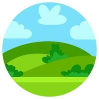 Natural cartoon landscape in circle. Vector illustration in the flat style with green hills, blue sky and clouds at sunny day.