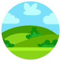 Natural cartoon landscape in circle. Vector illustration in the flat style with green hills, blue sky and clouds at sunny day.