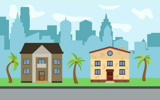 Vector city with two two-story cartoon houses and palm trees in the sunny day. Summer urban landscape. Street view with cityscape on a background