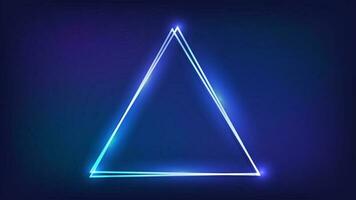 Neon double triangular frame with shining effects on dark background. Empty glowing techno backdrop. Vector illustration.