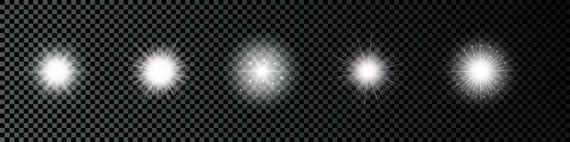 Light effect of lens flares. Set of five white glowing lights starburst effects with sparkles on a dark