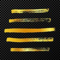 Gold grunge brush strokes. Set of five painted ink stripes. Ink spot isolated on dark vector