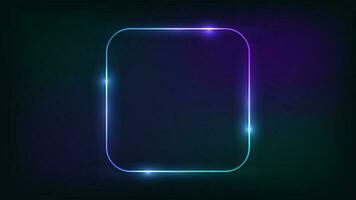 Neon rounded square frame with shining effects on dark background. Empty glowing techno backdrop. Vector illustration.