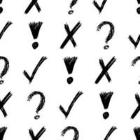 Seamless pattern with hand drawn check, cross, exclamation and question mark symbols. Black sketch check symbol on white background. Vector illustration