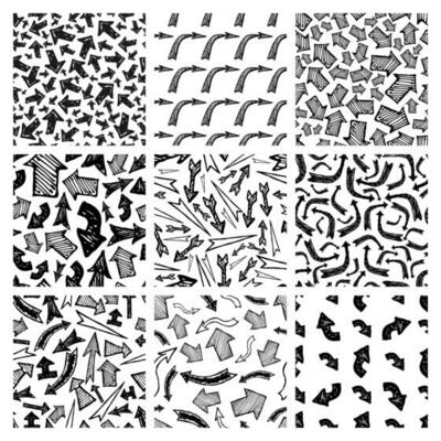 Seamless pattern with black hand drawn arrows. Set of nine creative abstract backgrounds. Vector illustration