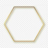 Gold glowing hexagon frame with shadow isolated on background. Shiny frame with glowing effects. Vector illustration.