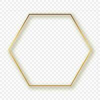 Gold glowing hexagon frame with shadow isolated on background. Shiny frame with glowing effects. Vector illustration.