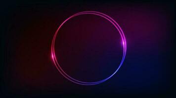 Neon double round frame with shining effects on dark background. Empty glowing techno backdrop. Vector illustration.