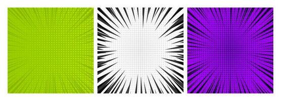 Set of three comic book pages backgrounds in pop art style with empty space. Template with rays, dots and halftone effect texture. Vector illustration
