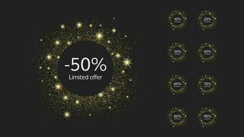 Set of nine limited offer gold banner with different percentages of discounts from 10 to 90 vector