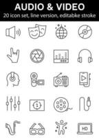 Audio Video Icon set. Thin line icons set. Flat icon collection set. vector