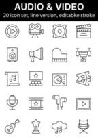 Audio Video Icon set. Thin line icons set. Flat icon collection set. vector