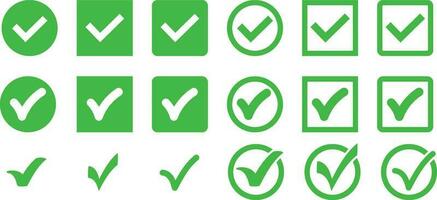Green check mark icon set. Circle and square. Tick symbol in green color, vector illustration.