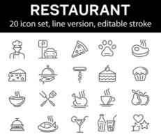 Restaurant icon set, line version, editable stroke vector