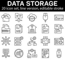 datos almacenamiento icono colocar, vector línea recopilación, editable carrera