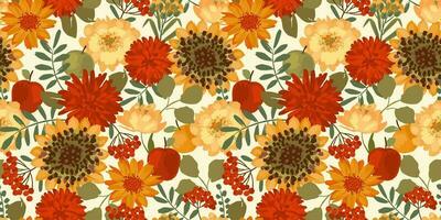 Floral seamless pattern with autumn flowers, leaves and apples. Vector background for various surface. Hand drawn textures.