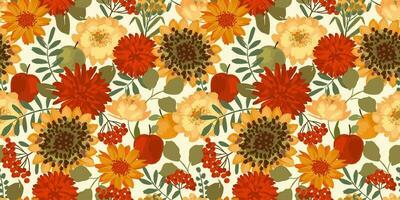 Floral seamless pattern with autumn flowers, leaves and apples. Vector background for various surface. Hand drawn textures.