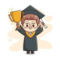 happy graduation boy wearing glasses holding trophy and paper cute kawaii chibi cartoon vector