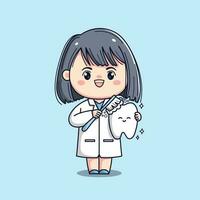 Cute dentist female doctor holding tooth kawaii chibi flat outlined character vector