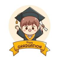 Banner or ribbon happy graduation boy with cap and gown cute kawaii chibi cartoon vector