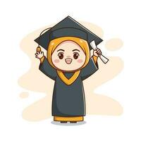 contento graduación musulmán hijab niña con gorra y vestido linda kawaii chibi dibujos animados vector