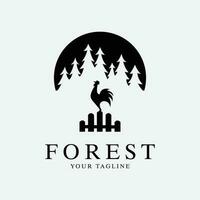 forest chicken logo line art design vector