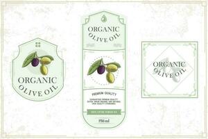 Olive oil bottle packaging label, organic extra virgin olives with a vintage feel. Vector spanish, greek and italian premium quality natural olive oil banners with stars, drops and green leaves