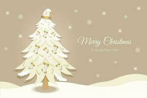 Navidad, nuevo año saludo tarjeta, invitación con Navidad árbol. juguetes desde botas, mitones, sombrero, dulces y ciervos. vector ilustración.