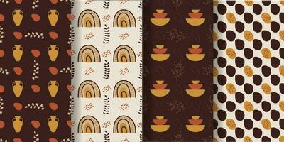 Aesthetic patterns. Boho patterns. Set of seamless pattern with leaves, vases, rainbows, dots and geomtric shapes in boho and aesthetic style. Vector Illustration.