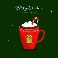 Christmas, New Year greeting card, invitation with mug of hot chocolate. Mug with candy, marshmallows, christmas wreath, lantern, door. Vector illustration.